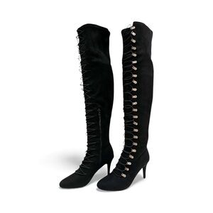 Journee Trill Over Knee Boots Faux Suede Bungee Lace Black 7.5 Wide Calf NEW